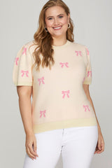 Curvy Off White Puff Sleeve Sweater with Pink Bows