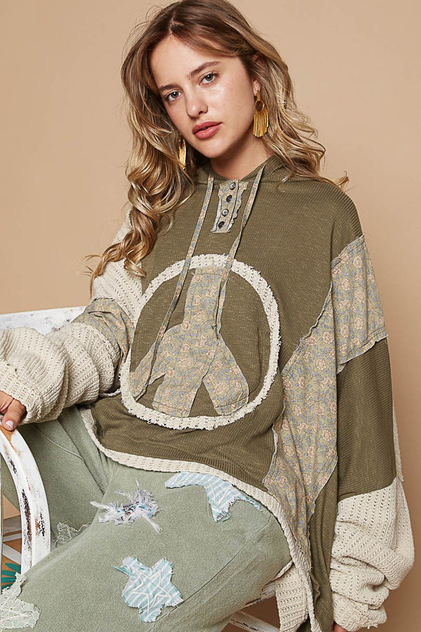 Peace Sign Hooded Top with Knit and Floral Sleeve