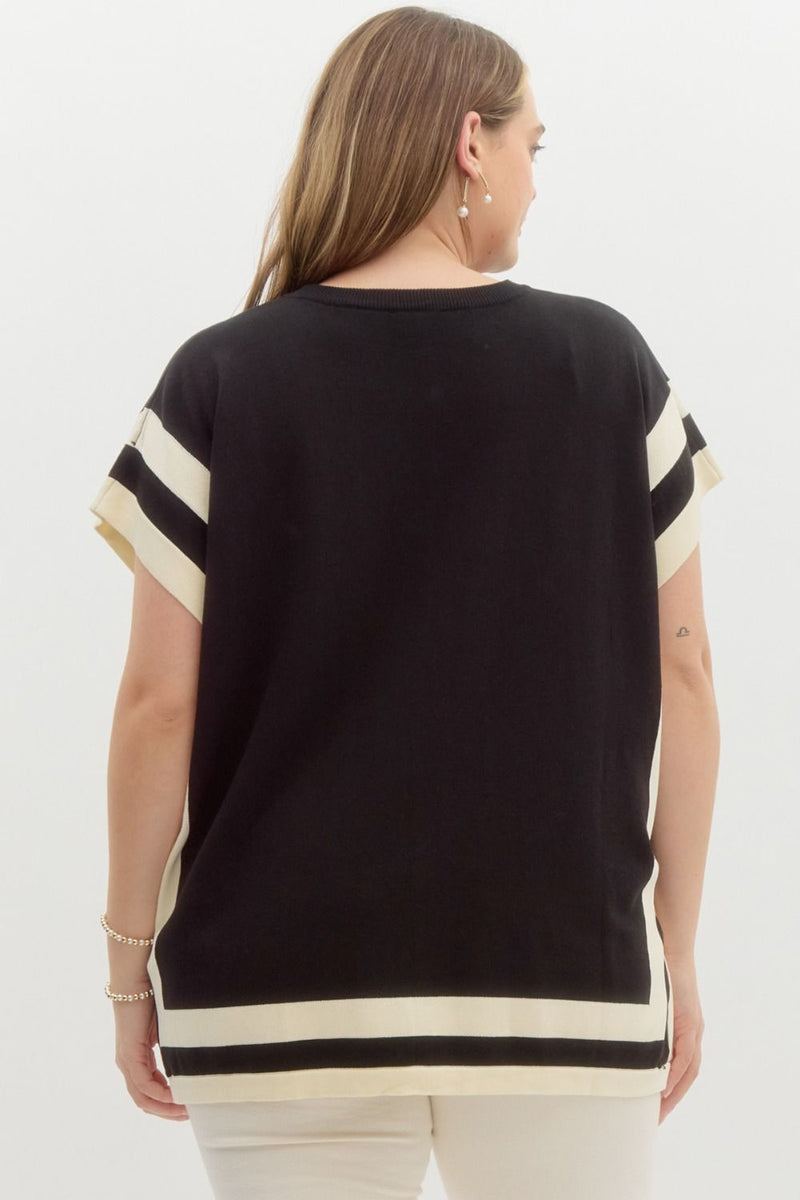 Black Short Sleeve Sweater Top With Stripes