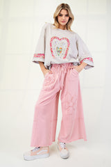 Pink Flower Patch Mineral Washed Terry Knit Pants