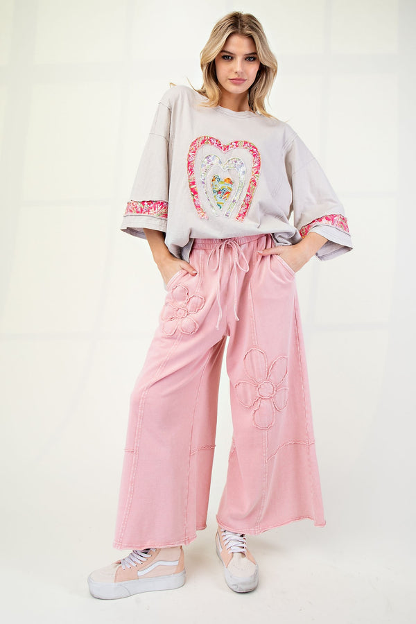 Pink Flower Patch Mineral Washed Terry Knit Pants