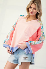 Peach 3/4 Sleeve Colorblock Top with Front Pocket and Side Slits