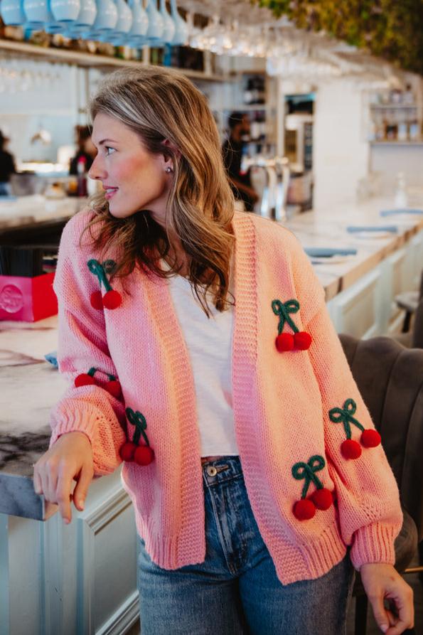 Pink Cherry Long Sleeve Knit Cardigan