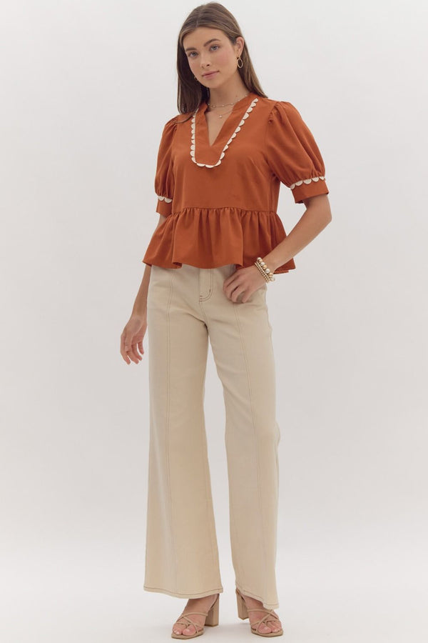 Rust Puff Sleeve Peplum Top with White Trim