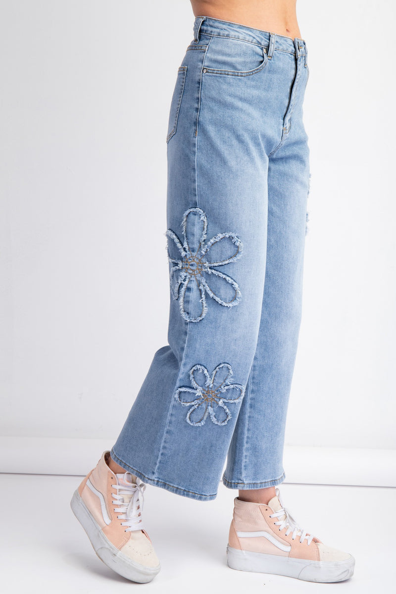 Demin Wide Leg Pants With Flower Embellishment