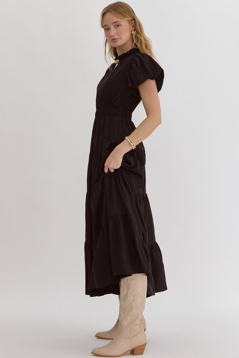 Black V-Neck Ruffled Collar Maxi Dress