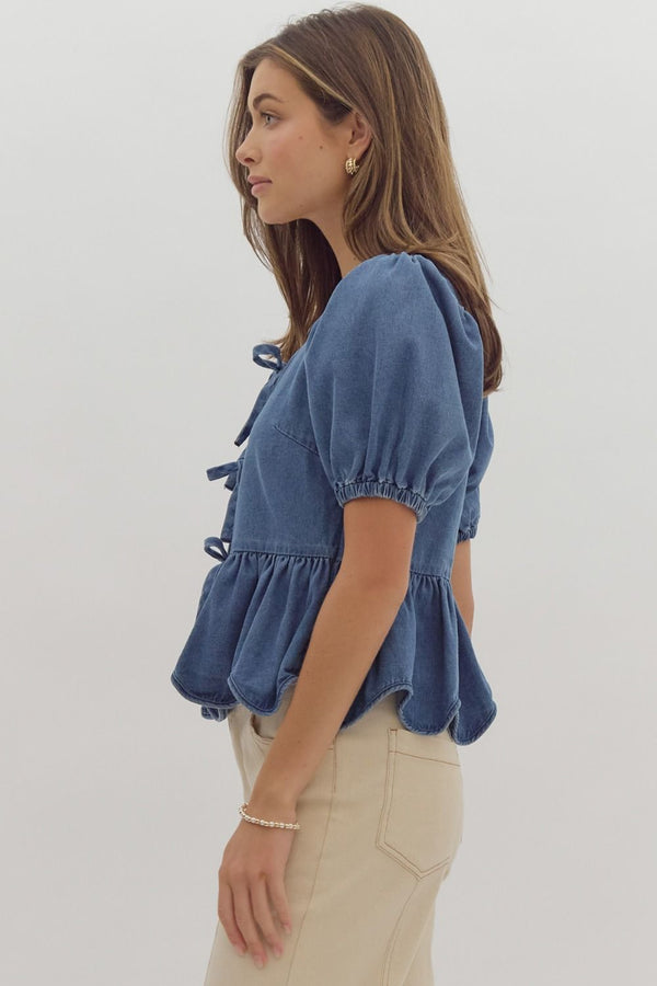 Denim Puff Sleeve Bow Detail Top