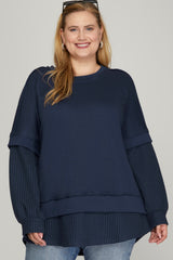 Basic Terry  Waffleknit Contrast Crewneck Top