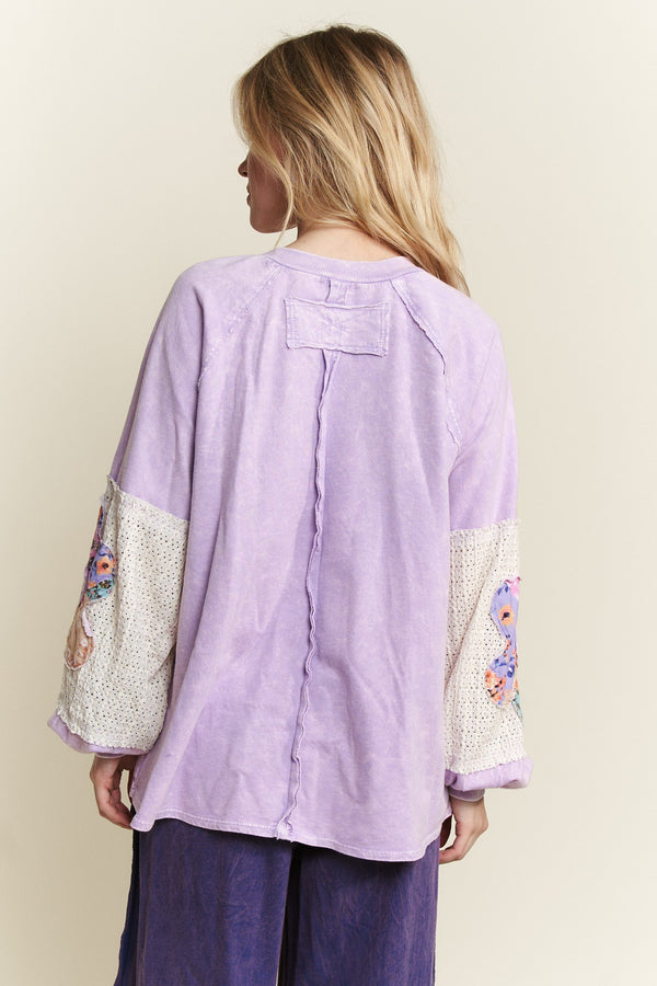 Light Lavender Mineral Wash Floral Patched Sleeve Top