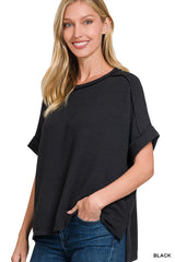 Cuffed Sleeve Ribbed Basic Top