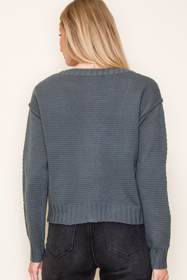 Charcoal Green Drop Shoulder Knit Cardigan