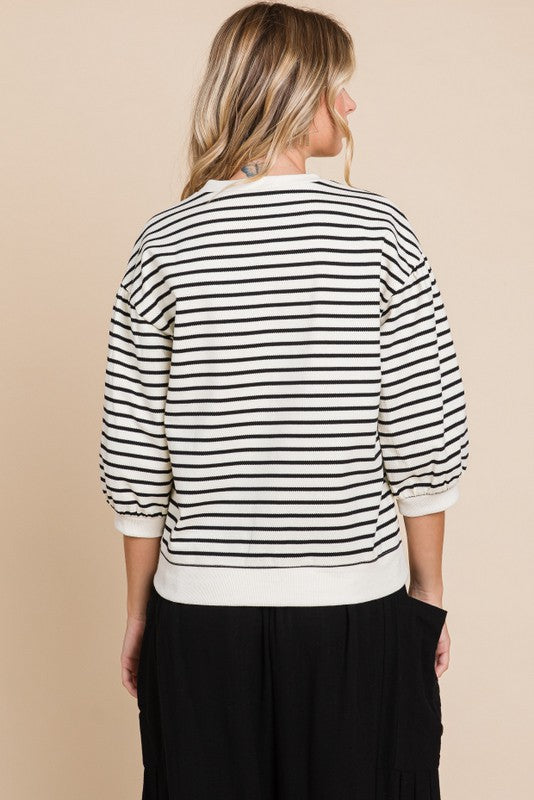 Black And Ivory Striped 3/4 Sleeve Crewneck Top