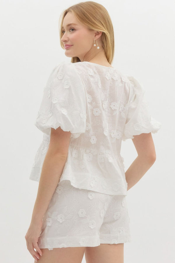 White Puff Sleeve Top With Flower Applique and Bows