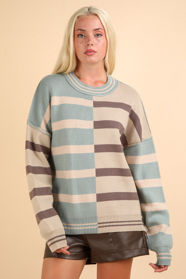 Sage and Tan Color Block Oversized Striped Knit Sweater