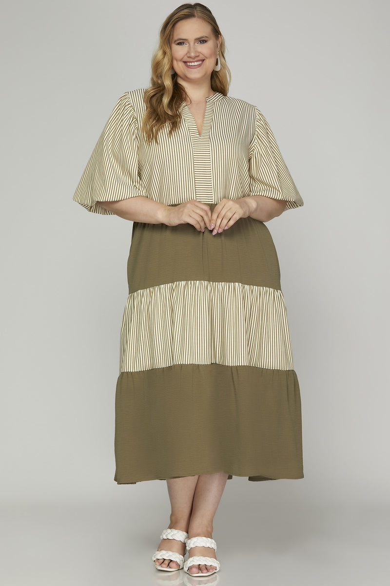 Curvy Olive Striped Mid Length Sleeve Maxi Dress