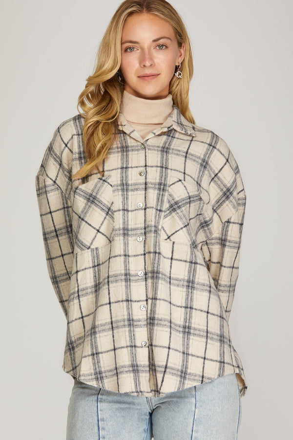 Ecru Plaid Front Pocket Shacket