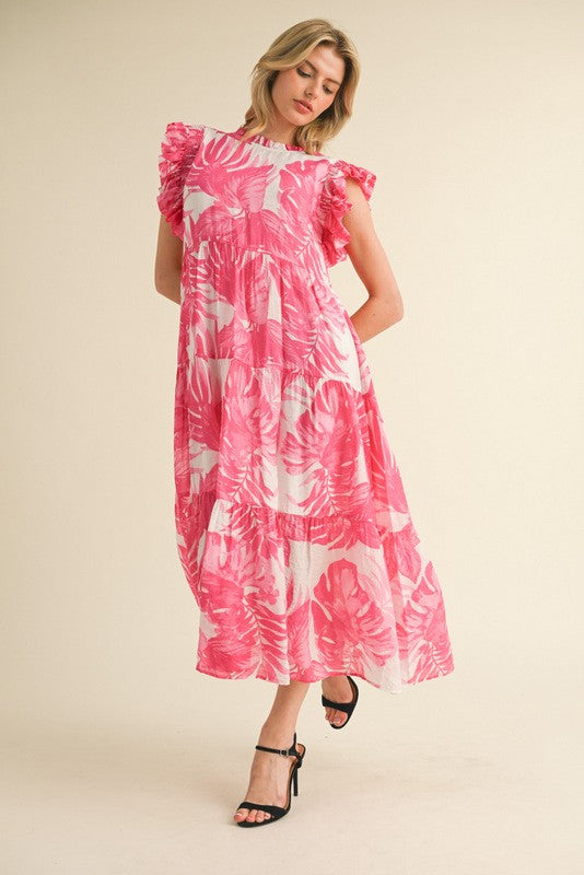 Fuchsia Floral Ruffle Sleeve Maxi Dress