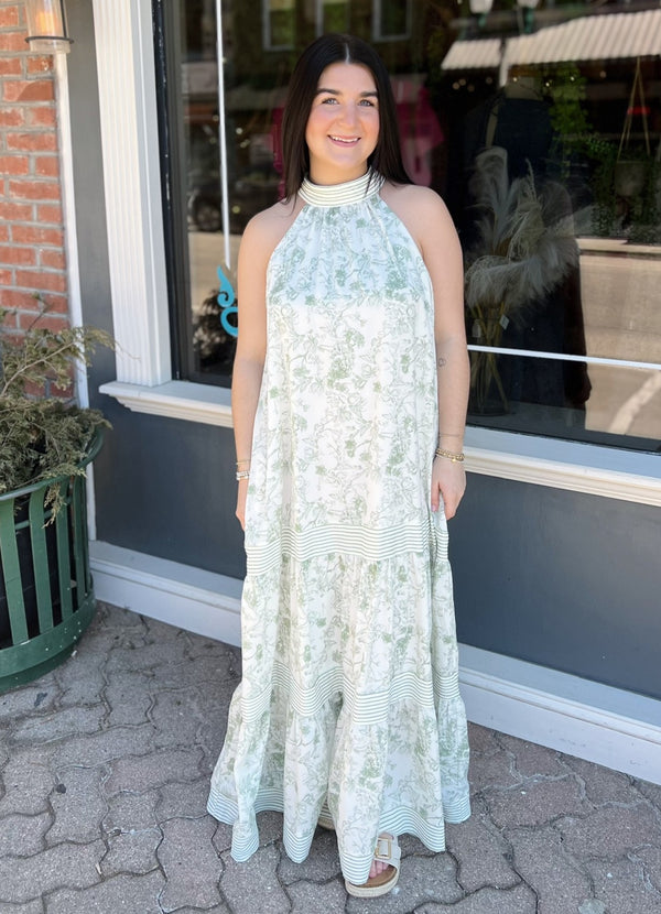 Sage Floral High Neck Maxi Dress