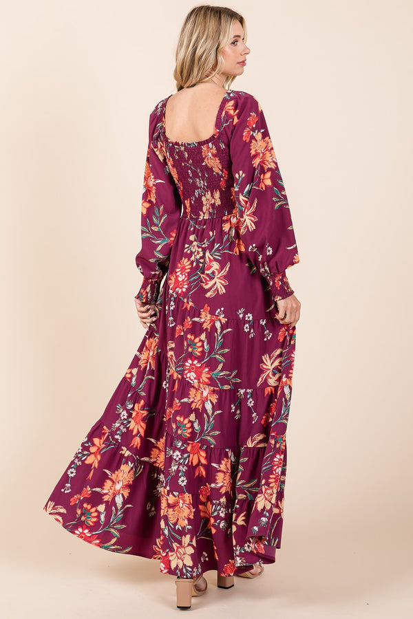 Plum Floral Smocked Tiered Maxi Dress