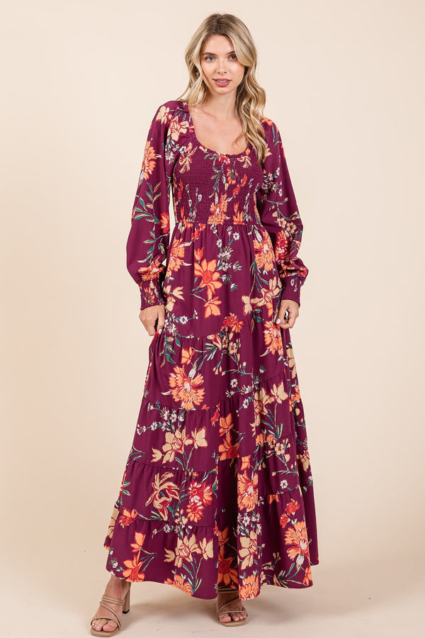 Plum Floral Smocked Tiered Maxi Dress