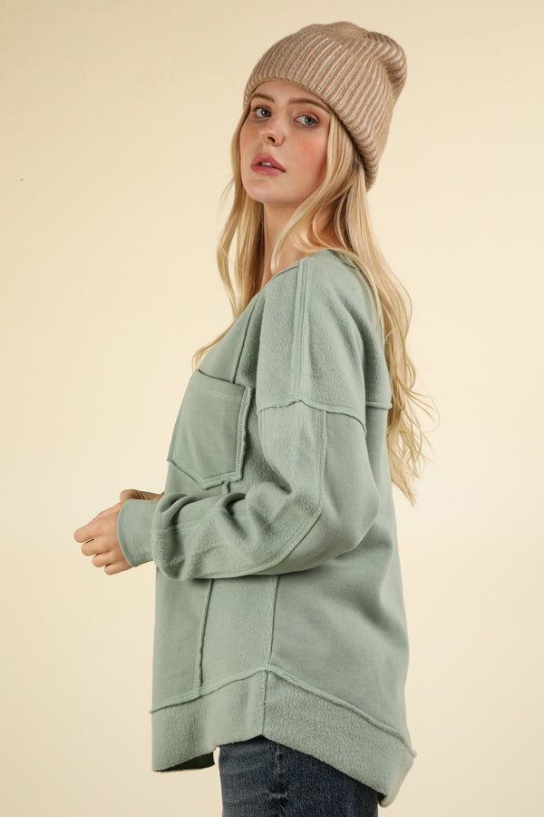 Curvy Mixed Material Outstitched Front Pocket Pullover