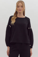 Pearl Embellished Drop Shoulder Crewneck Top