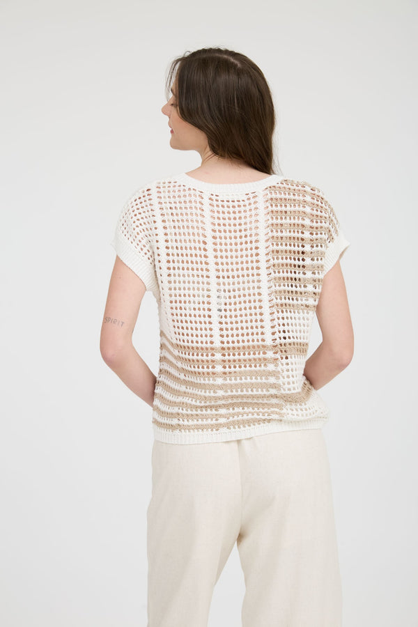 Brown and Ivory Crochet Knit Top