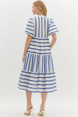 Navy and White Striped Maxi Dress With Puff Sleeves