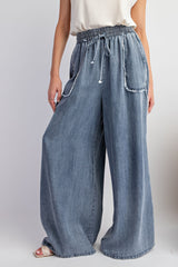 Curvy Chambray Wide Leg Pant With Outstitching