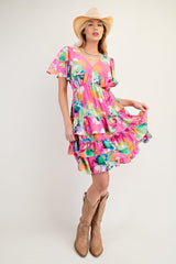 Pink Floral Printed Short Sleeve Tiered Ruffle Dress