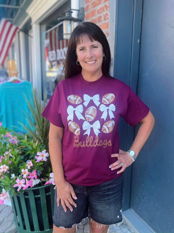 Maroon Football And Bow Bulldogs Tee