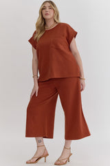 Curvy Rust Textured Cap Sleeve Top