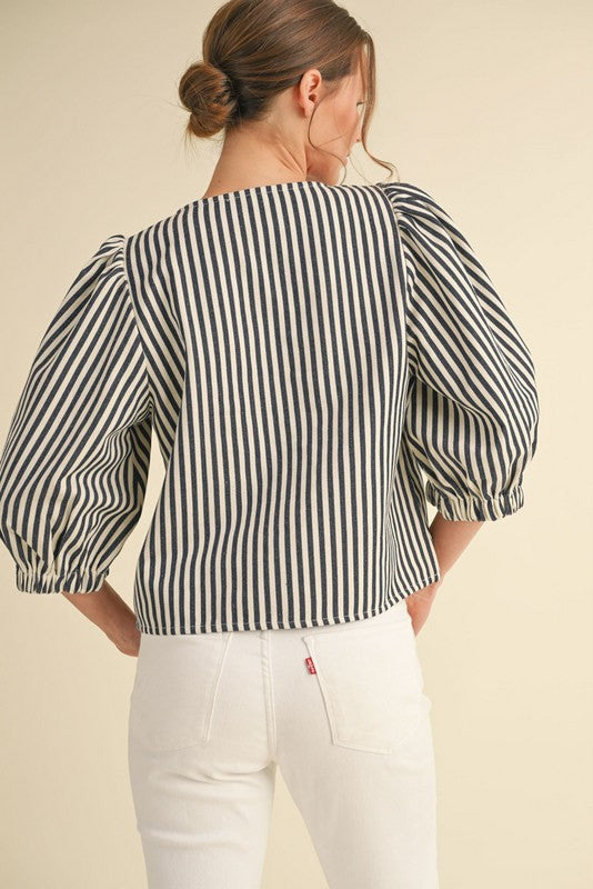 Striped Denim Top with Ivory Bow Detail