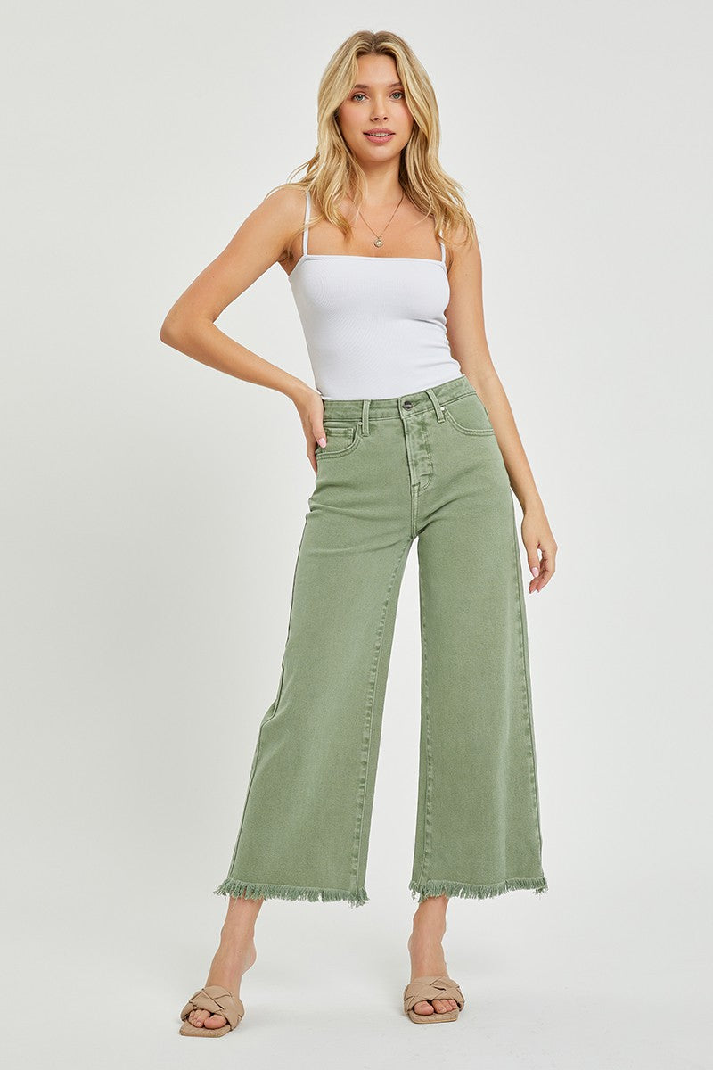 Curvy Wilma's Olive High Rise Cropped Wide Leg Jeans