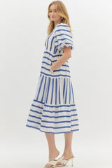 Navy and White Striped Maxi Dress With Puff Sleeves