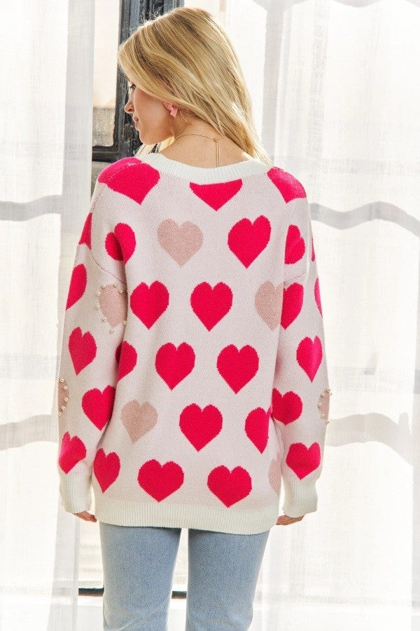 White Sweater with Hot Pink and Brown Hearts with Pearl Accents