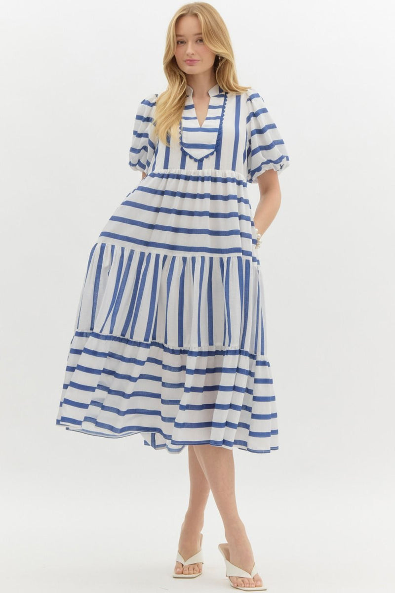 Navy and White Striped Maxi Dress With Puff Sleeves