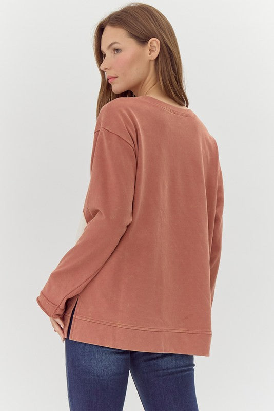 Rust Reversed Terry Cloth Daisy Applique Long Sleeve Top