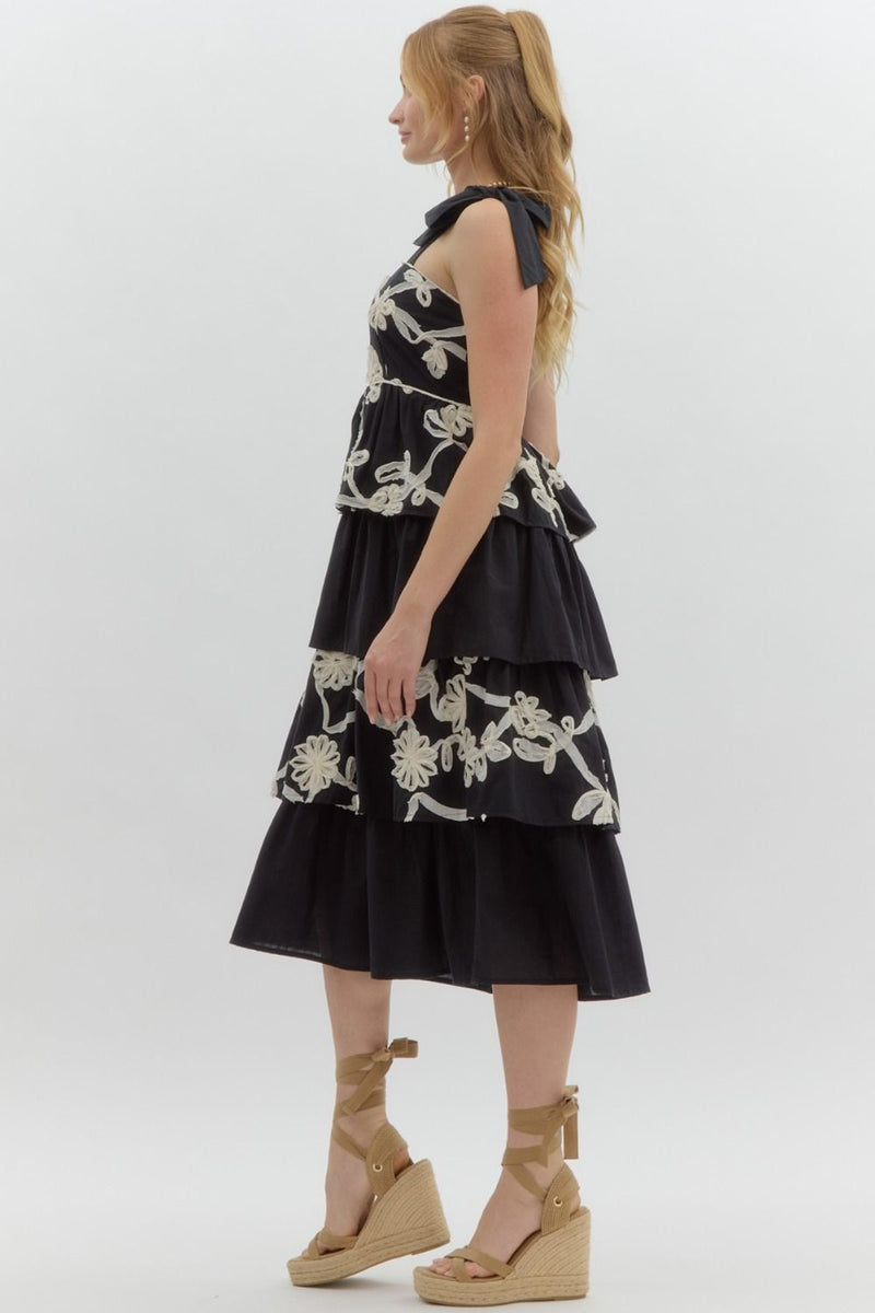 Black Tiered Bow Tie Midi Dress