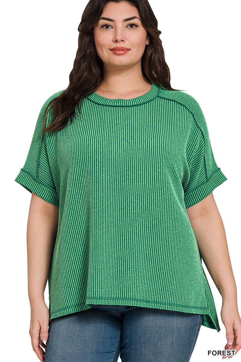 Curvy Corded Ribbed Cuff Sleeve Top