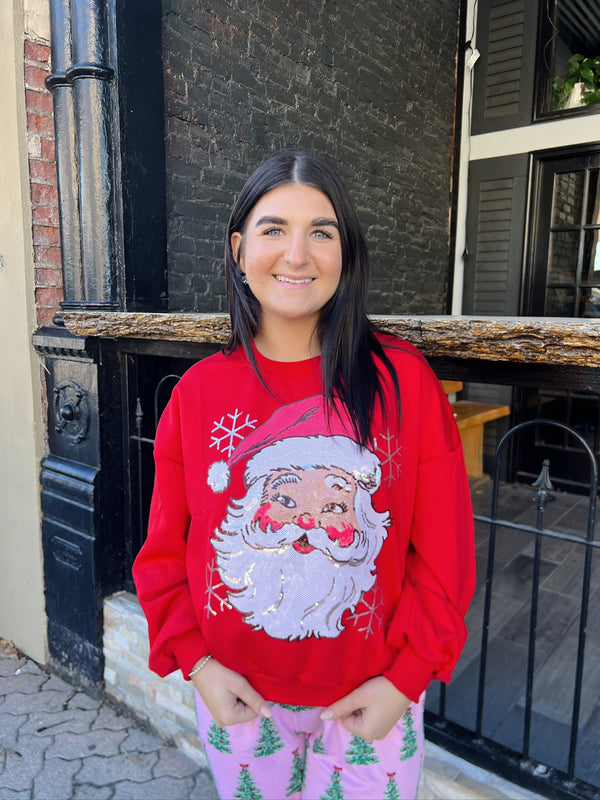 Red with Sequin Vintage Santa Face Pullover