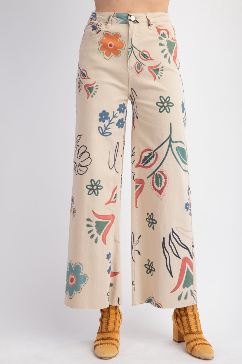 Floral Print Denim Wide Leg Pant