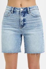 Delta's High-Rise Mid Length Raw Cut Hem Denim Shorts