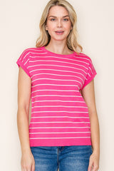 Lighweight Knit Striped Short Sleeve Top