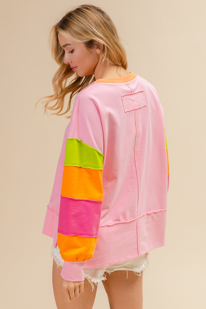 Pink Split Waist Pullover with Color Block Sleeve