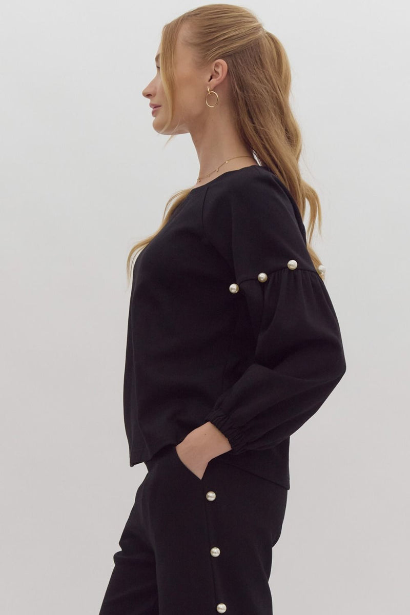 Pearl Embellished Drop Shoulder Crewneck Top