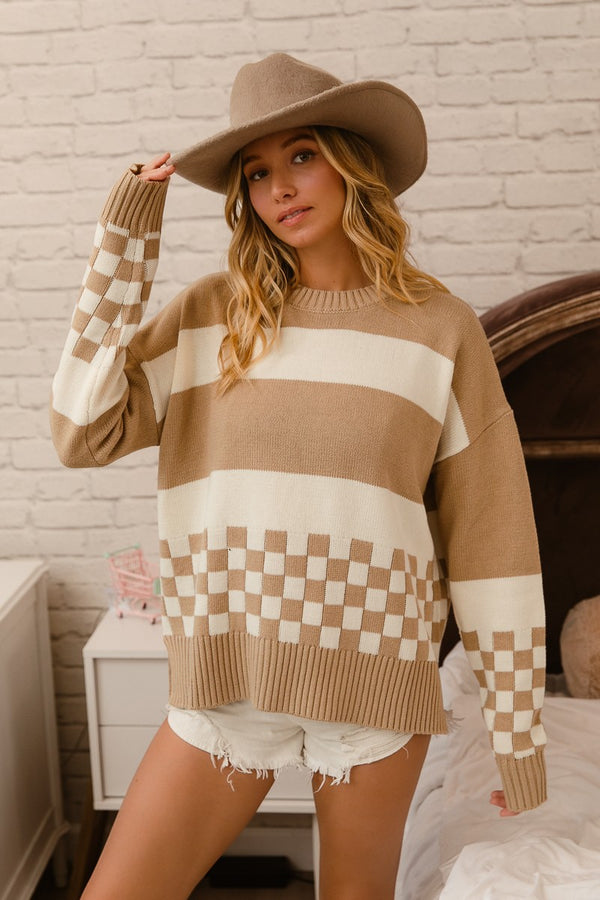 Latte Stripe and Checkered Side Slit Sweater