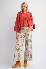 Floral Print Denim Wide Leg Pant