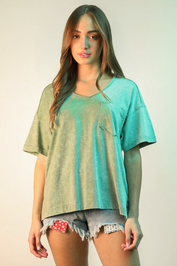 Sage Acid Washed V-Neck Shirt with Raw Hem Detailing