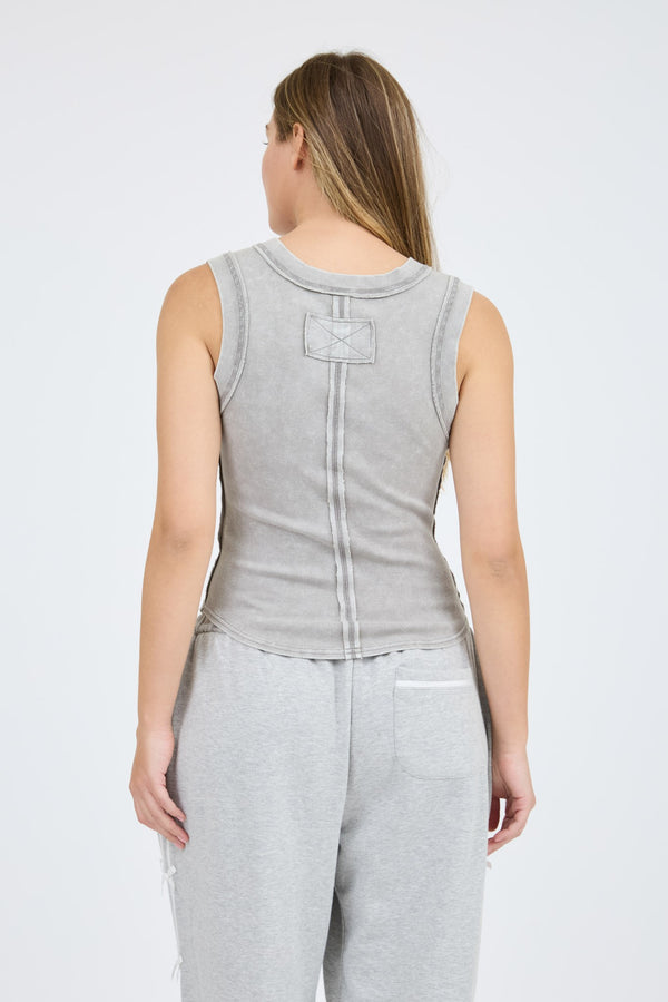 Washed Grey Henley Knit Tank Top